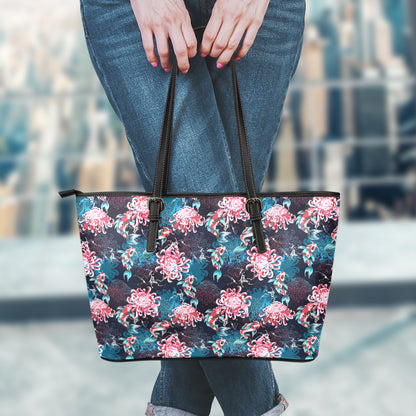 Japanese Koi And Chrysanthemums Print Leather Tote Bag