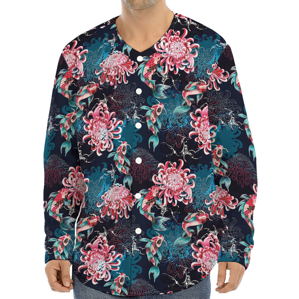 Japanese Koi And Chrysanthemums Print Long Sleeve Baseball Jersey