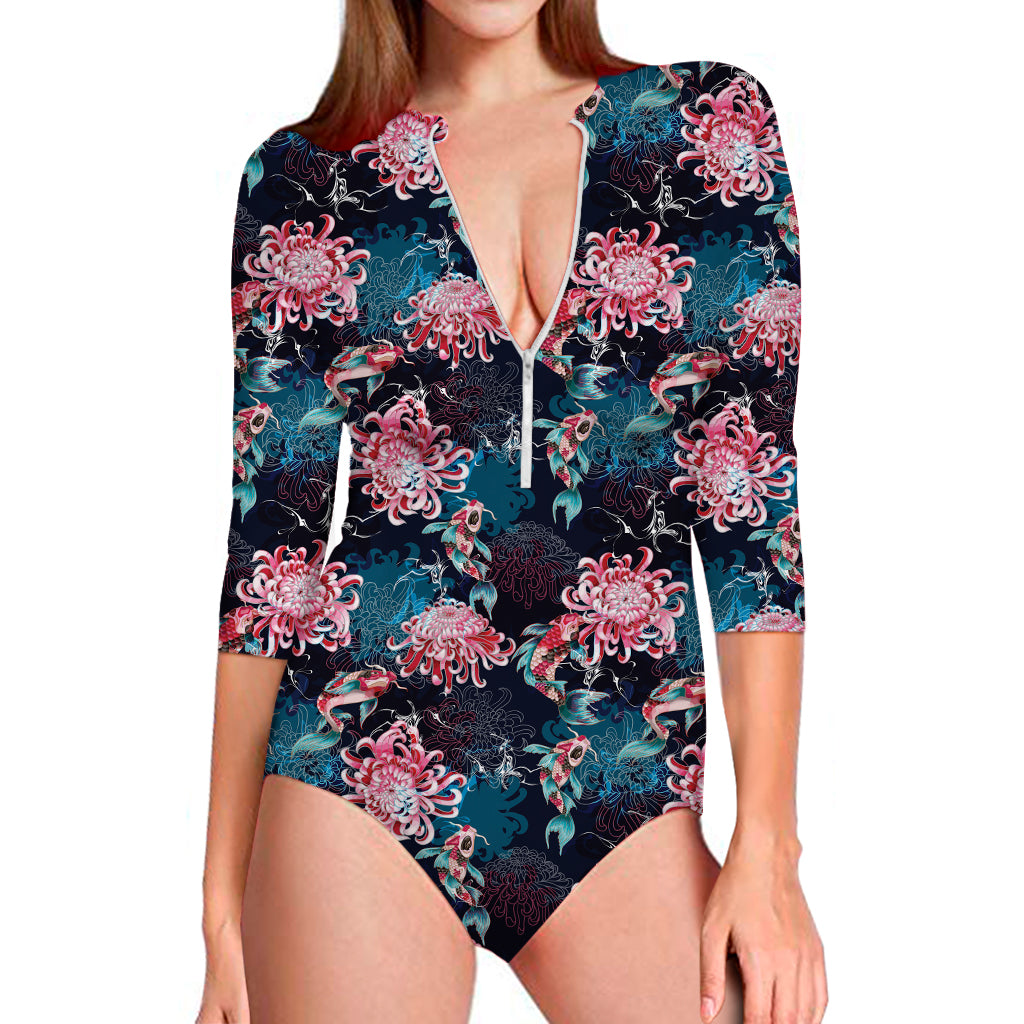 Japanese Koi And Chrysanthemums Print Long Sleeve Swimsuit