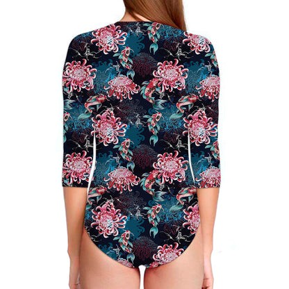 Japanese Koi And Chrysanthemums Print Long Sleeve Swimsuit