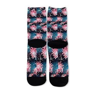 Japanese Koi And Chrysanthemums Print Long Socks