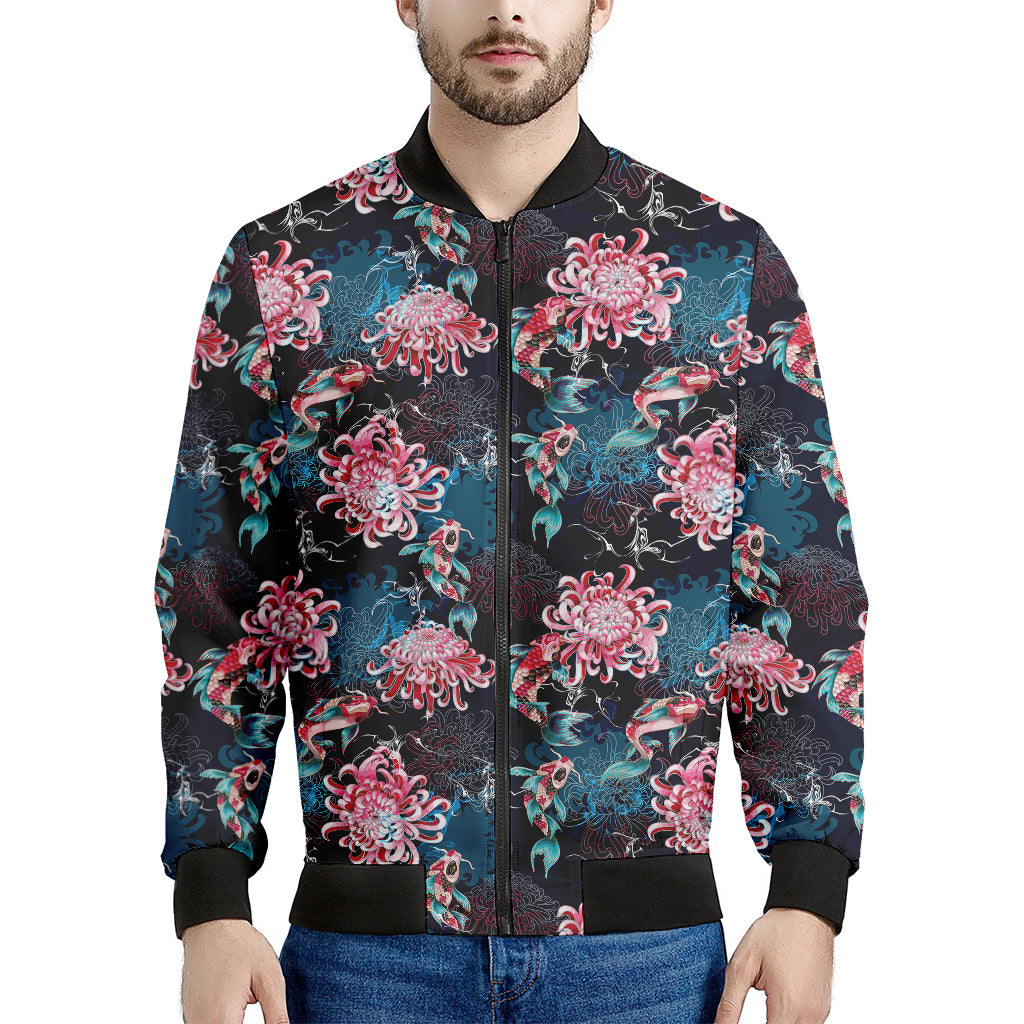 Japanese Koi And Chrysanthemums Print Men's Bomber Jacket