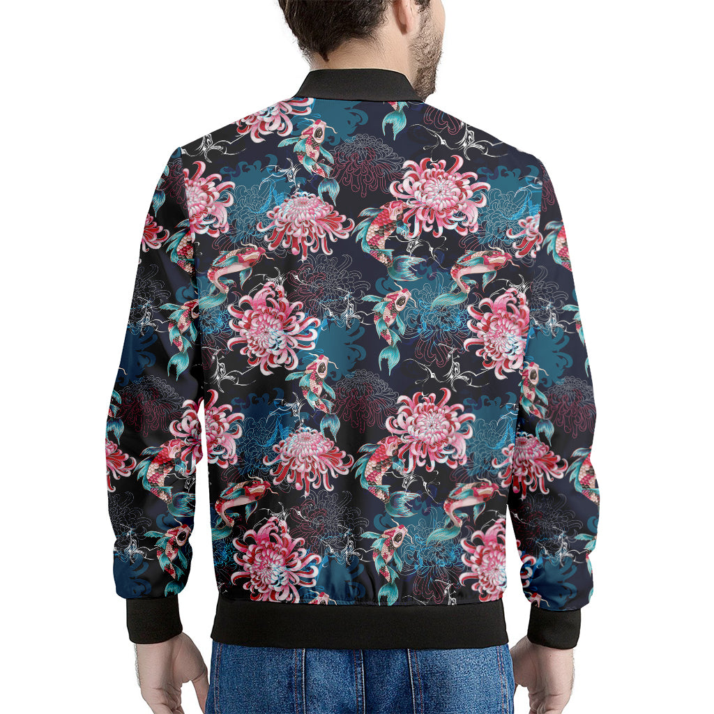 Japanese Koi And Chrysanthemums Print Men's Bomber Jacket