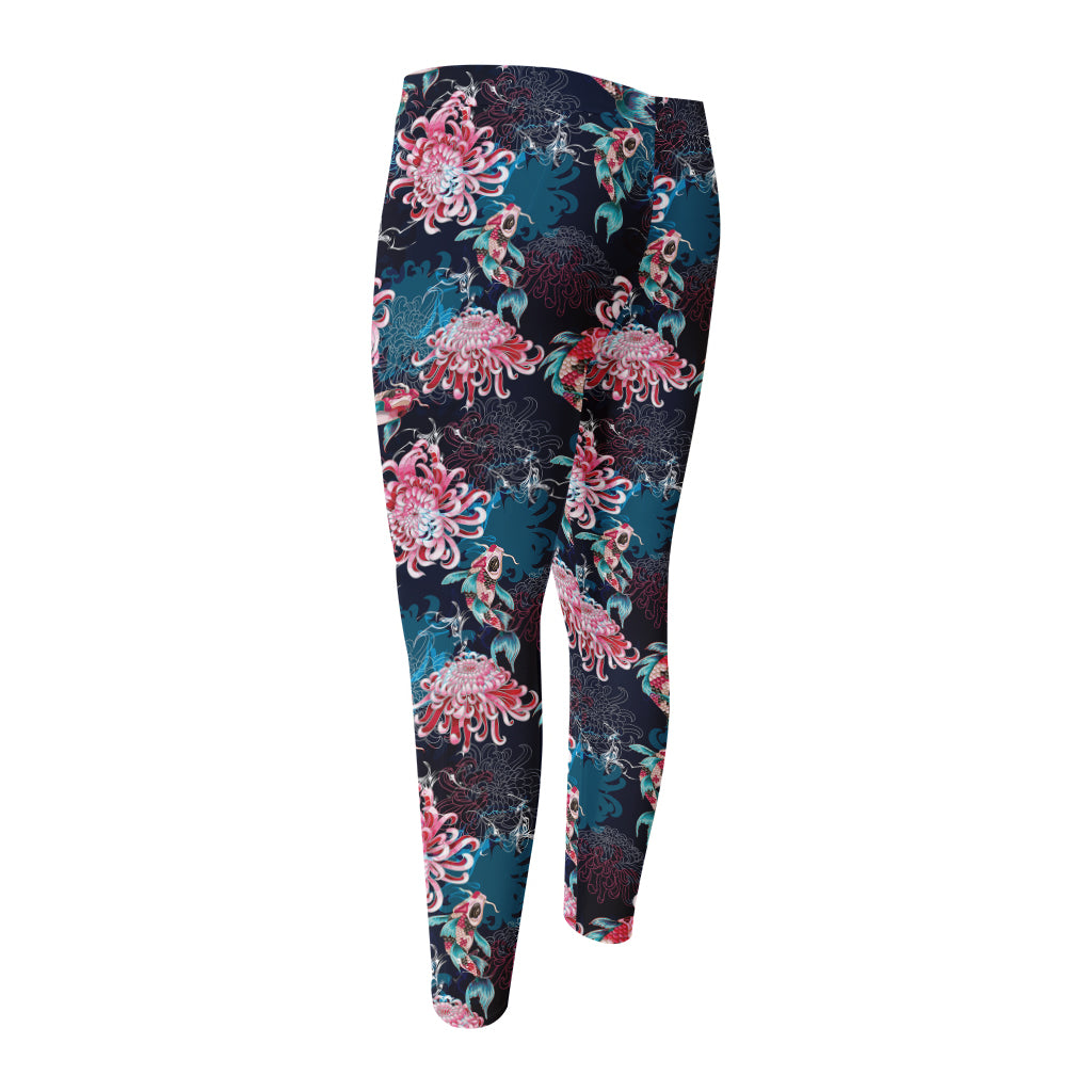 Japanese Koi And Chrysanthemums Print Men's Compression Pants