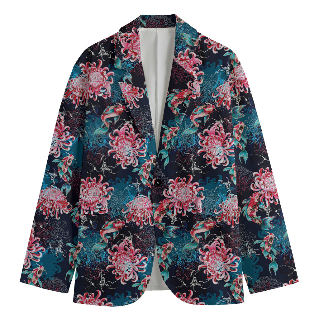 Japanese Koi And Chrysanthemums Print Men's Cotton Blazer