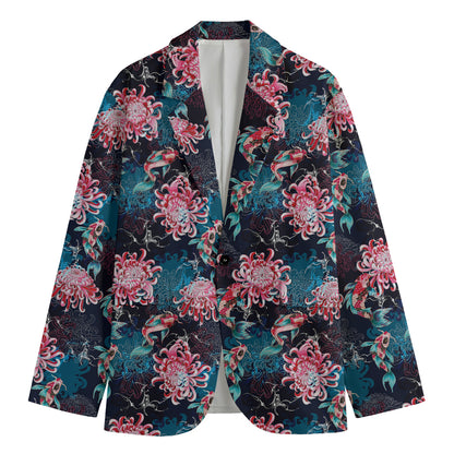 Japanese Koi And Chrysanthemums Print Men's Cotton Blazer