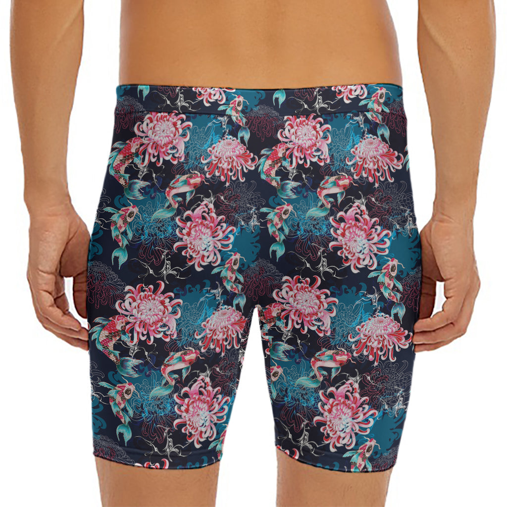 Japanese Koi And Chrysanthemums Print Men's Long Boxer Briefs