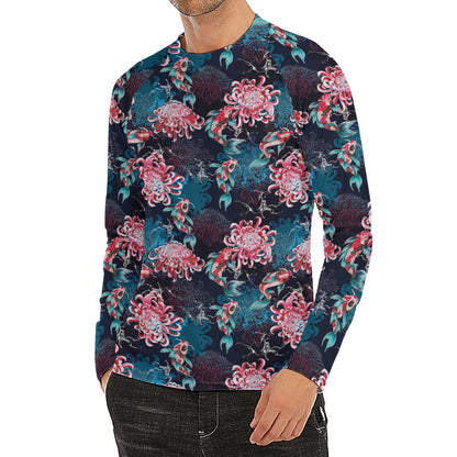 Japanese Koi And Chrysanthemums Print Men's Long Sleeve Rash Guard