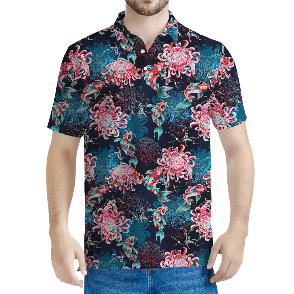 Japanese Koi And Chrysanthemums Print Men's Polo Shirt