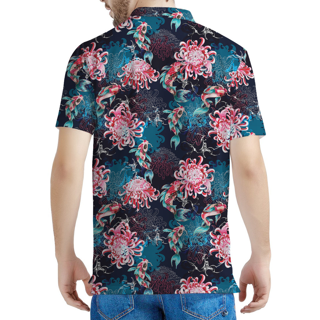 Japanese Koi And Chrysanthemums Print Men's Polo Shirt