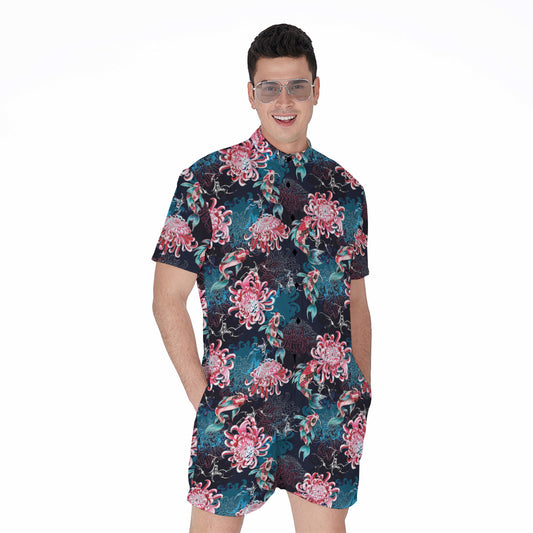 Japanese Koi And Chrysanthemums Print Men's Rompers