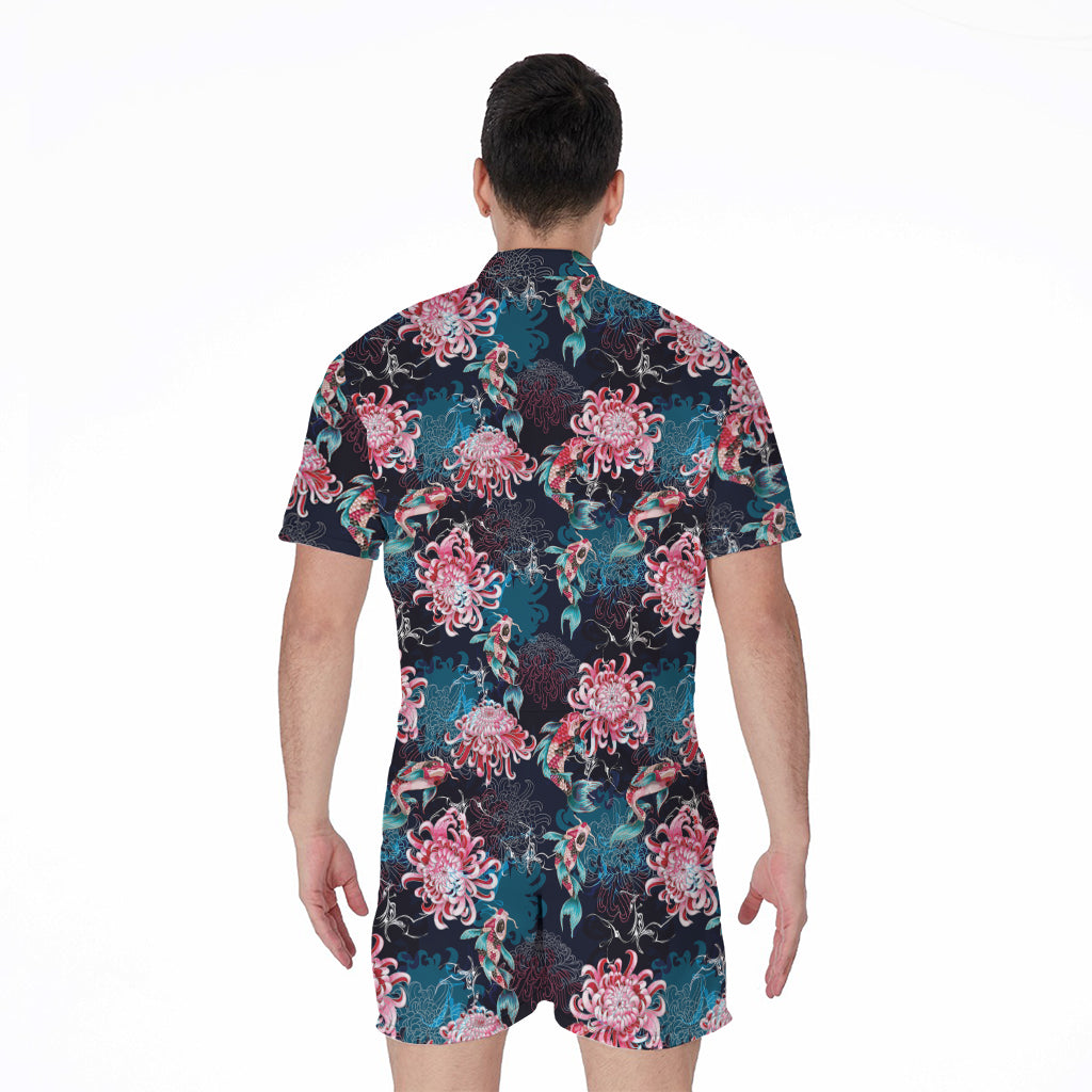 Japanese Koi And Chrysanthemums Print Men's Rompers