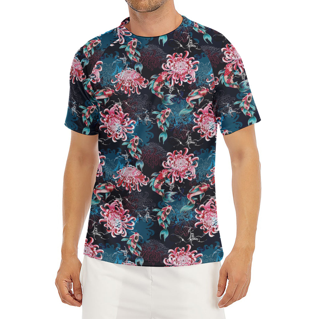 Japanese Koi And Chrysanthemums Print Men's Short Sleeve Rash Guard