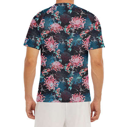 Japanese Koi And Chrysanthemums Print Men's Short Sleeve Rash Guard
