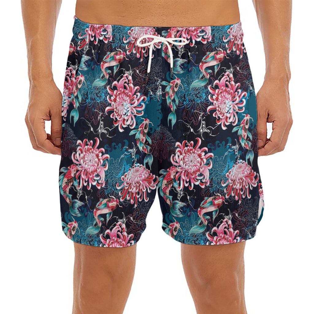 Japanese Koi And Chrysanthemums Print Men's Split Running Shorts