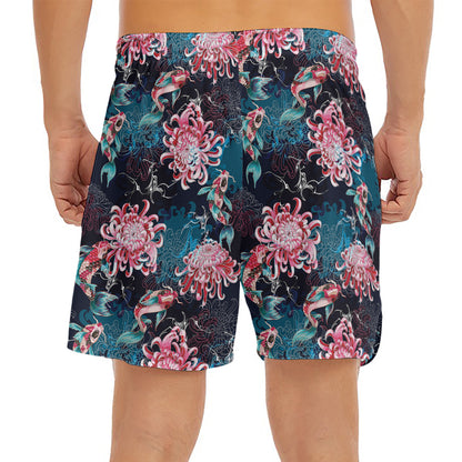 Japanese Koi And Chrysanthemums Print Men's Split Running Shorts