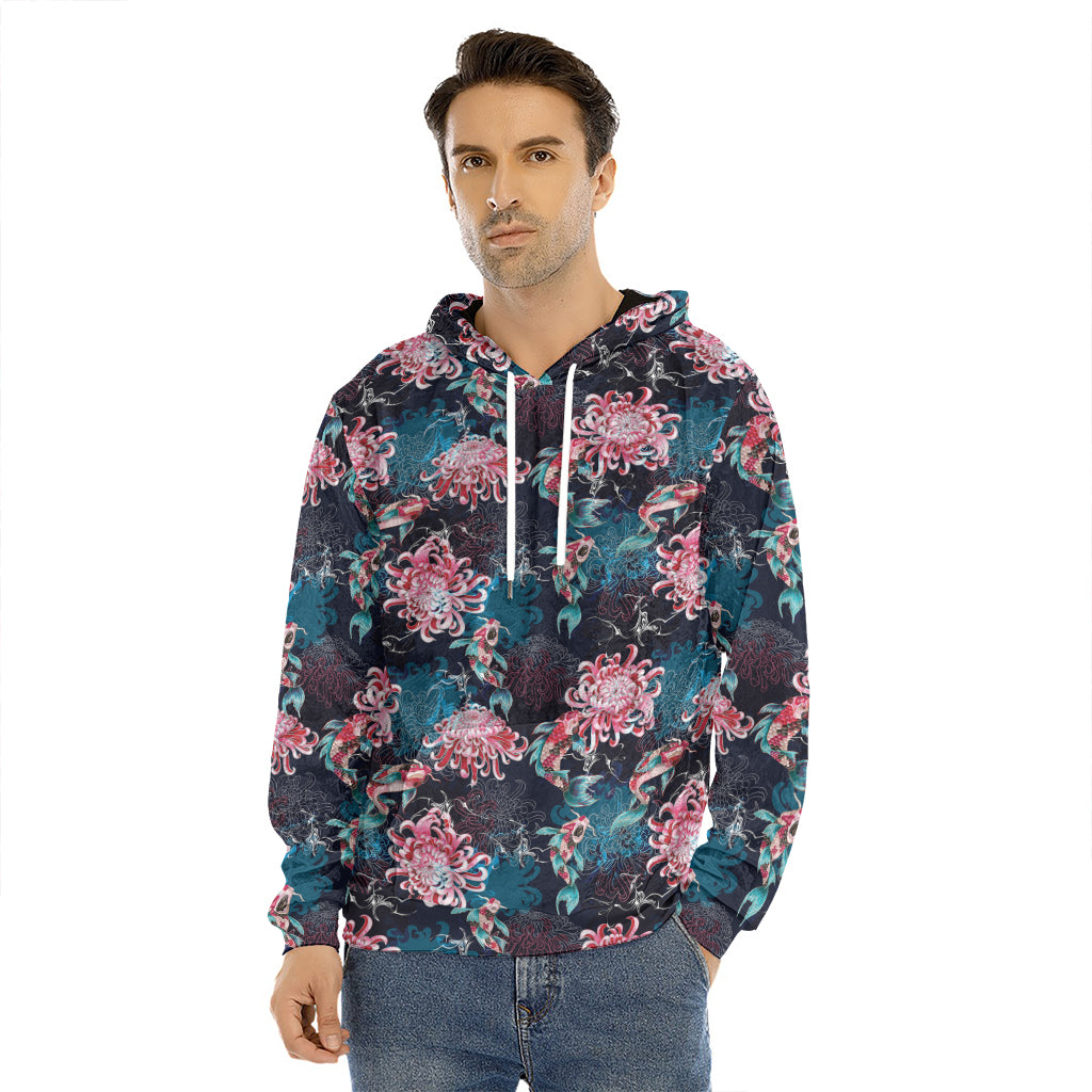 Japanese Koi And Chrysanthemums Print Men's Velvet Pullover Hoodie