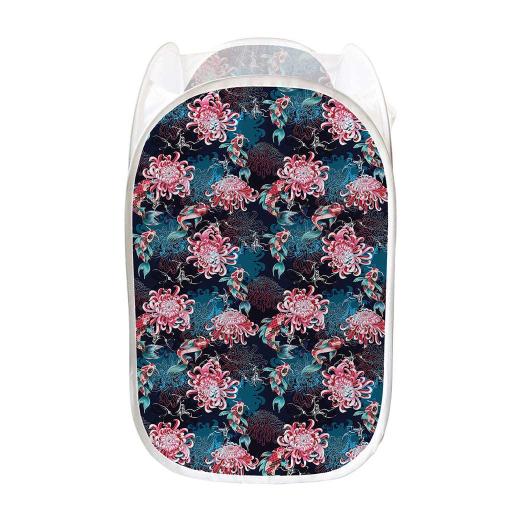 Japanese Koi And Chrysanthemums Print Mesh Laundry Hamper