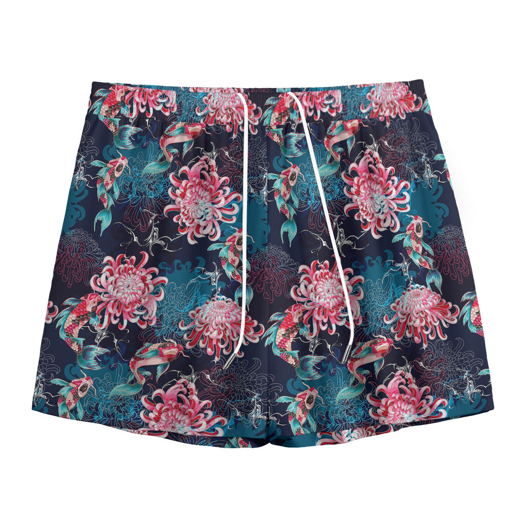Japanese Koi And Chrysanthemums Print Mesh Shorts