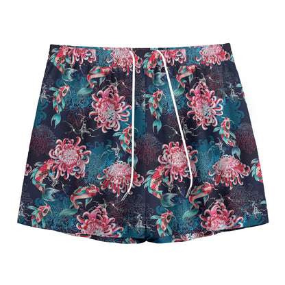 Japanese Koi And Chrysanthemums Print Mesh Shorts