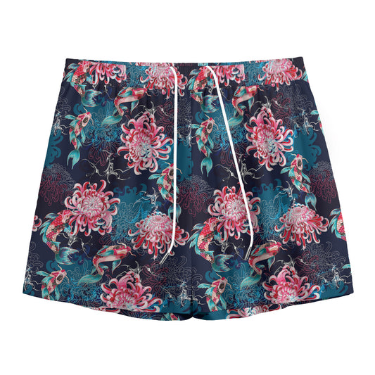 Japanese Koi And Chrysanthemums Print Mesh Shorts
