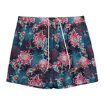 Japanese Koi And Chrysanthemums Print Mesh Shorts