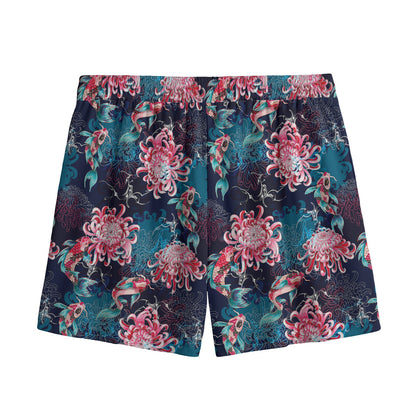 Japanese Koi And Chrysanthemums Print Mesh Shorts