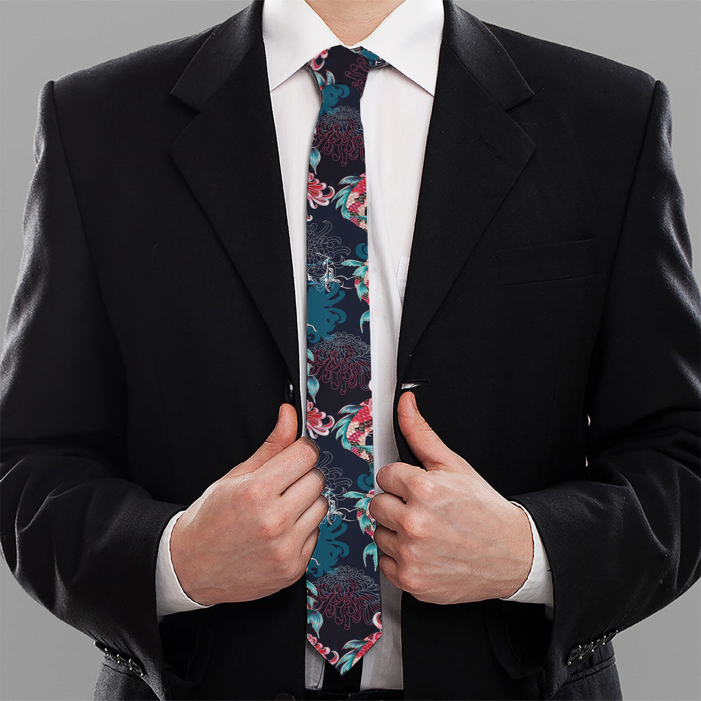 Japanese Koi And Chrysanthemums Print Necktie