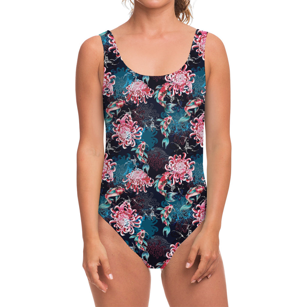 Japanese Koi And Chrysanthemums Print One Piece Swimsuit