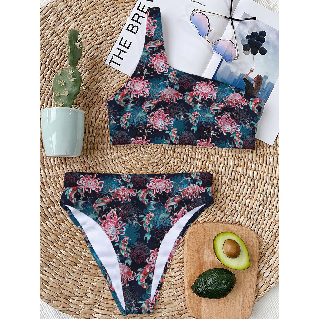 Japanese Koi And Chrysanthemums Print One Shoulder Bikini Top