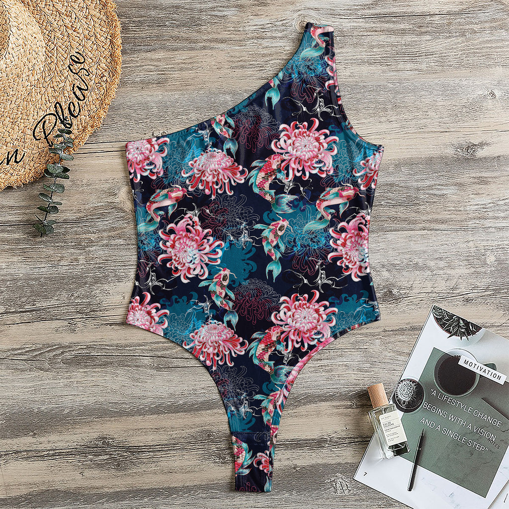Japanese Koi And Chrysanthemums Print One Shoulder Bodysuit
