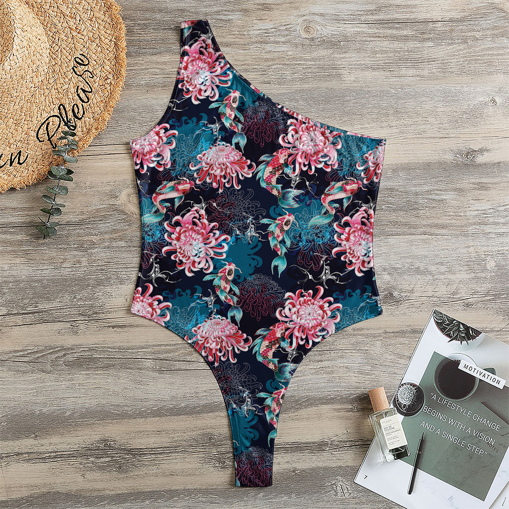 Japanese Koi And Chrysanthemums Print One Shoulder Bodysuit
