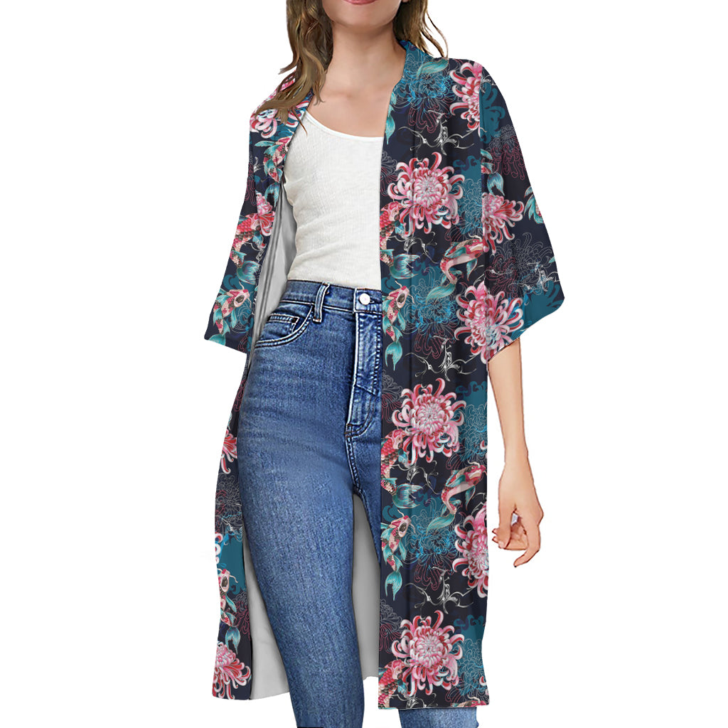 Japanese Koi And Chrysanthemums Print Open Front Beach Cover Up