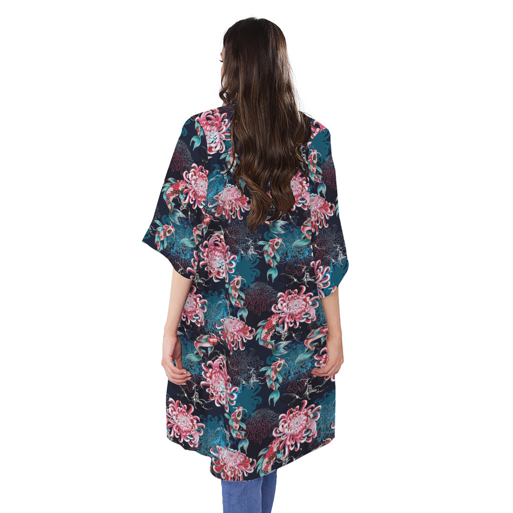 Japanese Koi And Chrysanthemums Print Open Front Beach Cover Up