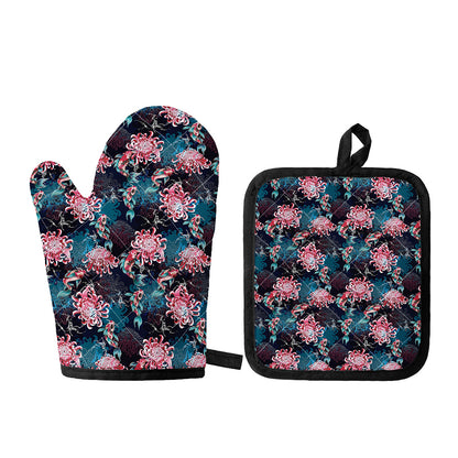 Japanese Koi And Chrysanthemums Print Oven Mitt And Pot Holder Set