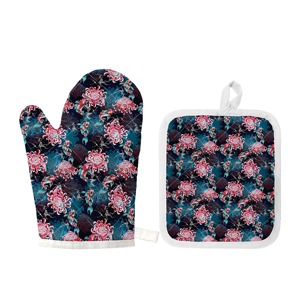 Japanese Koi And Chrysanthemums Print Oven Mitt And Pot Holder Set