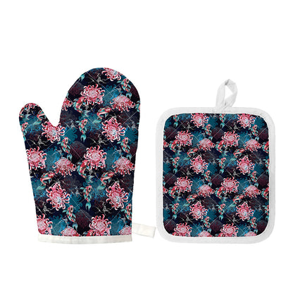 Japanese Koi And Chrysanthemums Print Oven Mitt And Pot Holder Set