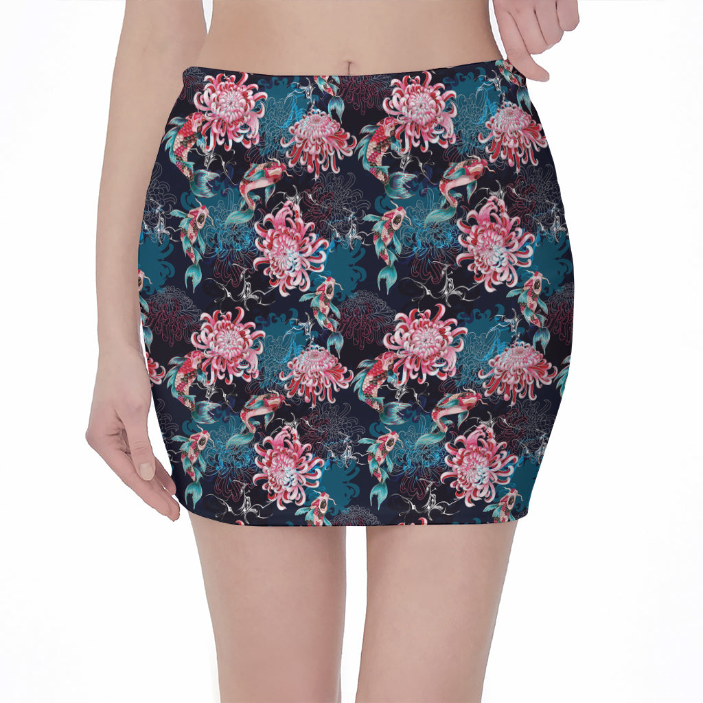 Japanese Koi And Chrysanthemums Print Pencil Mini Skirt