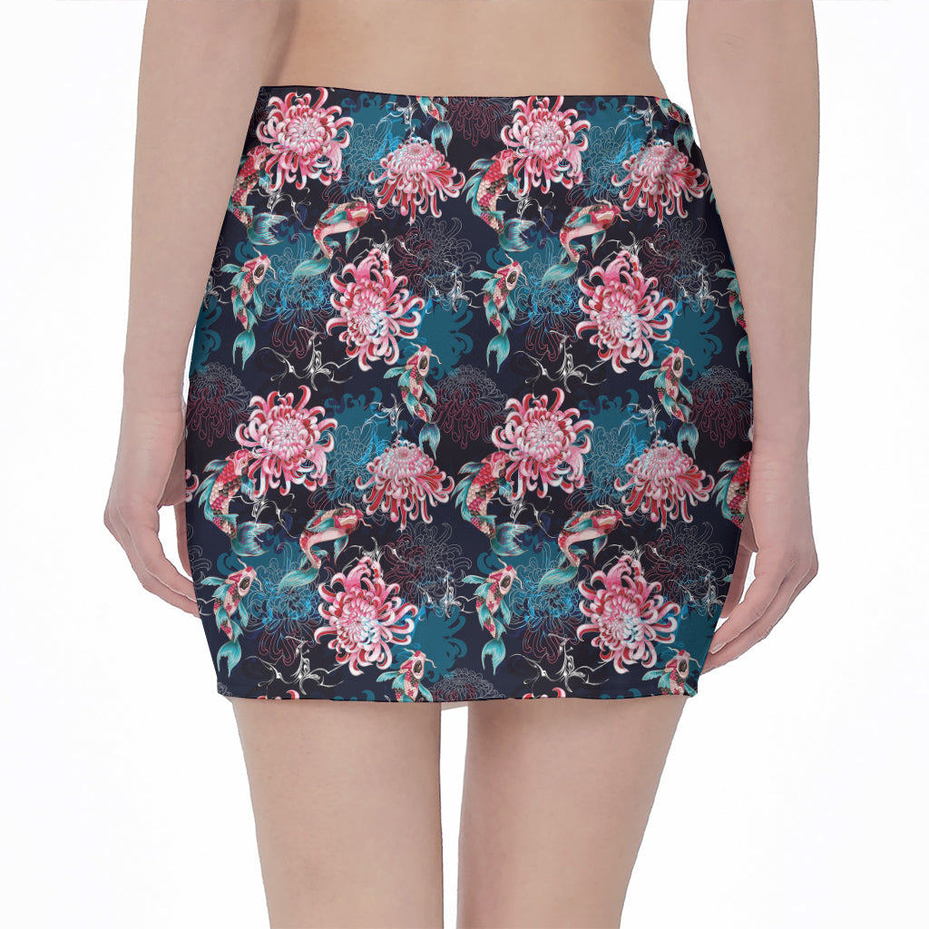 Japanese Koi And Chrysanthemums Print Pencil Mini Skirt