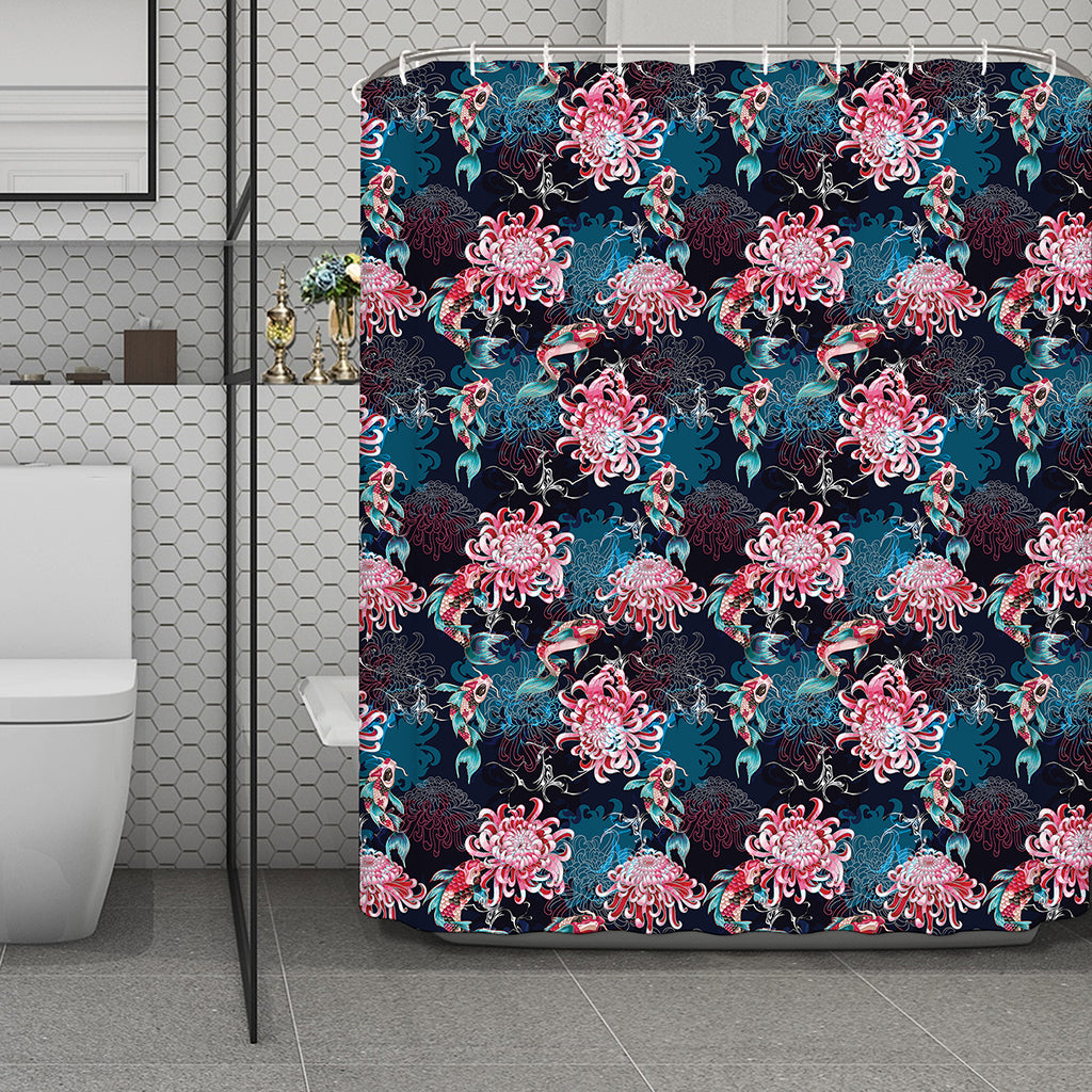 Japanese Koi And Chrysanthemums Print Polyester Shower Curtain