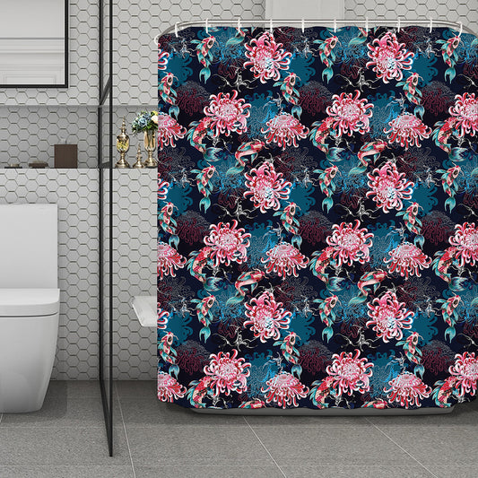 Japanese Koi And Chrysanthemums Print Polyester Shower Curtain
