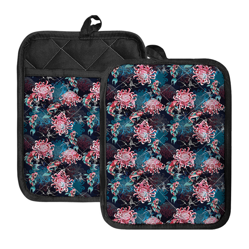 Japanese Koi And Chrysanthemums Print Pot Holders With Pocket