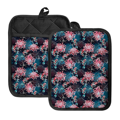 Japanese Koi And Chrysanthemums Print Pot Holders With Pocket