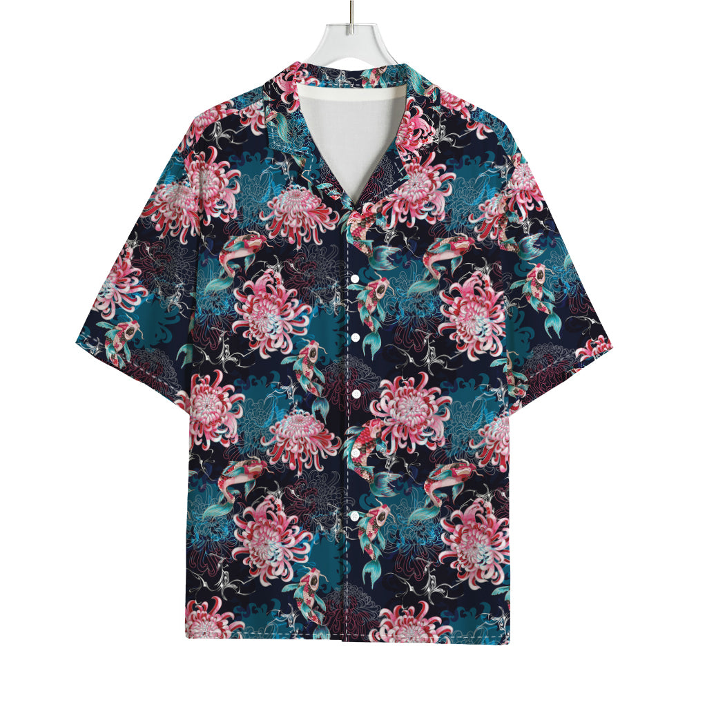 Japanese Koi And Chrysanthemums Print Rayon Hawaiian Shirt