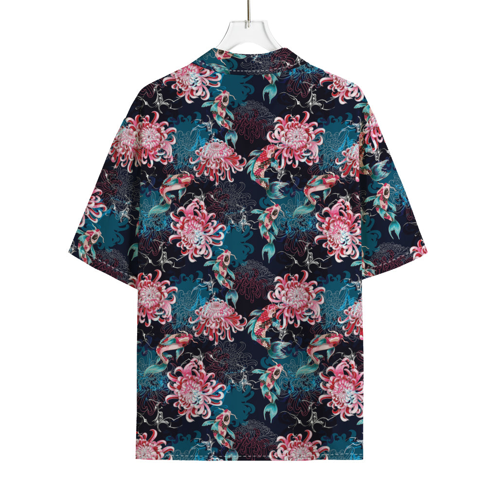 Japanese Koi And Chrysanthemums Print Rayon Hawaiian Shirt