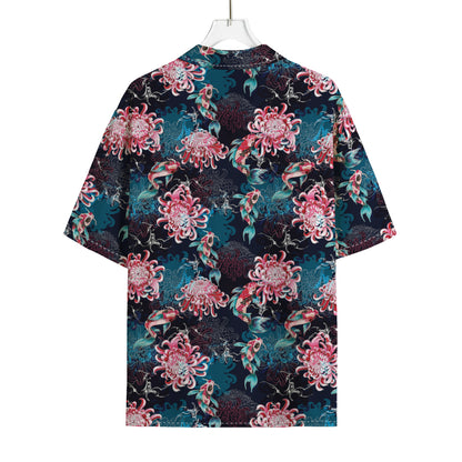 Japanese Koi And Chrysanthemums Print Rayon Hawaiian Shirt