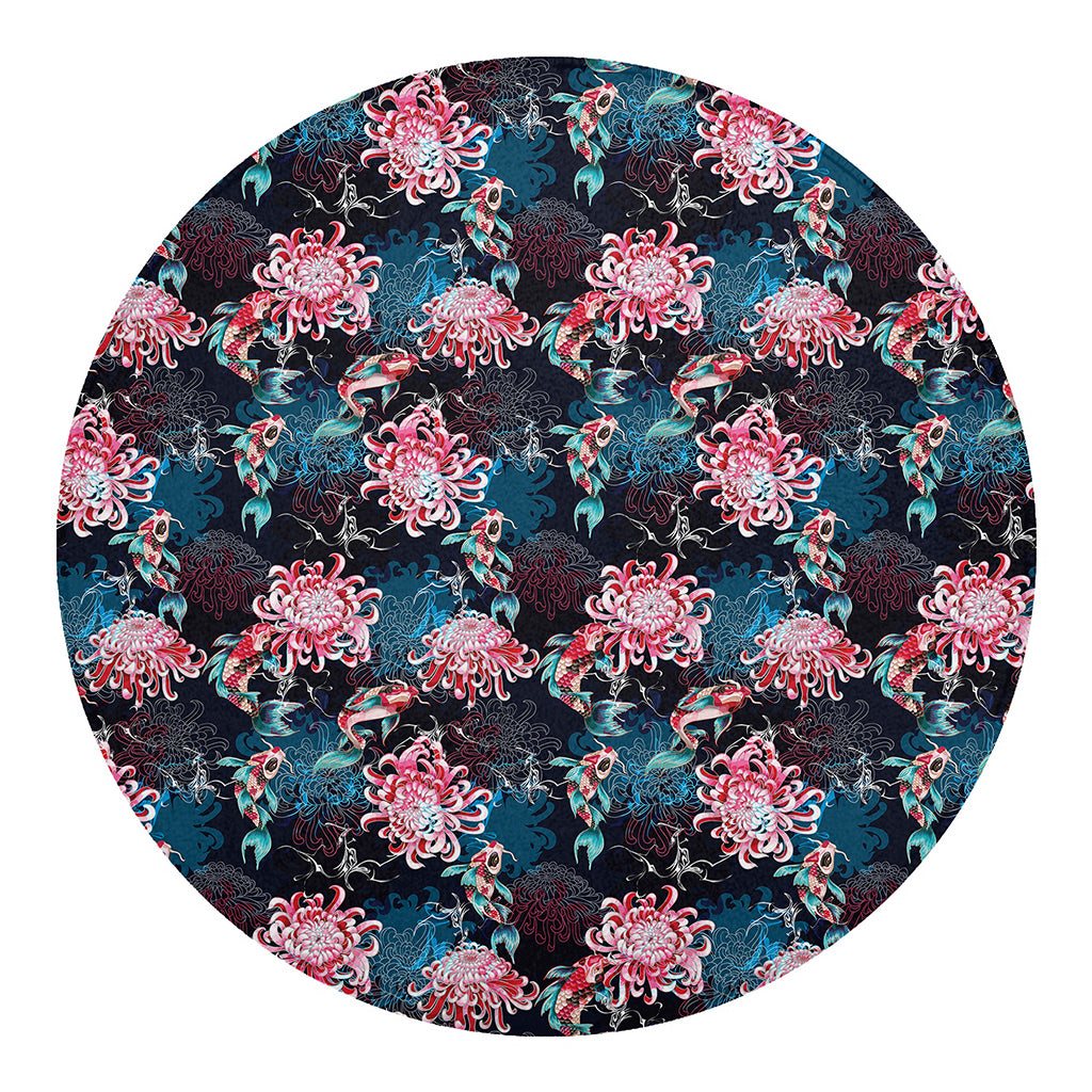 Japanese Koi And Chrysanthemums Print Round Blanket