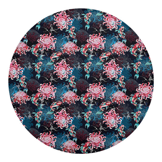 Japanese Koi And Chrysanthemums Print Round Blanket