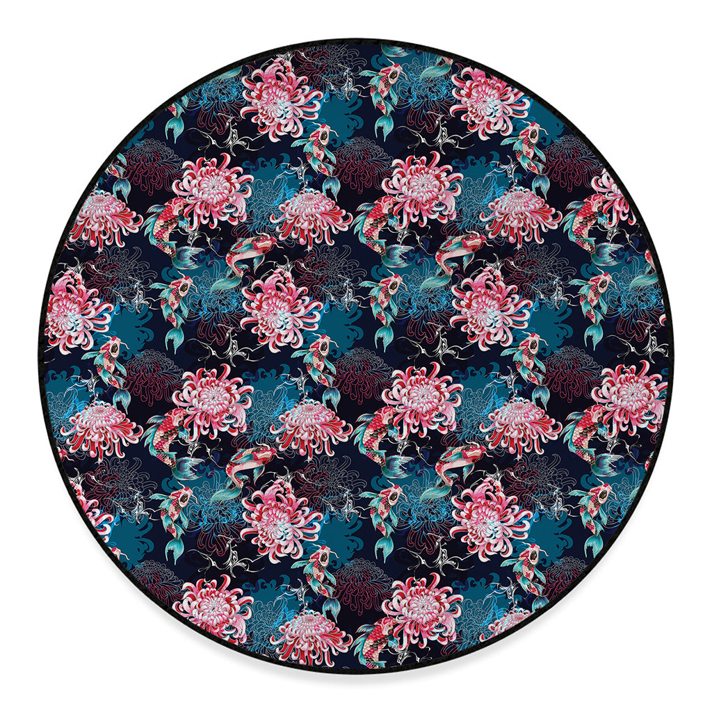 Japanese Koi And Chrysanthemums Print Round Floor Mat