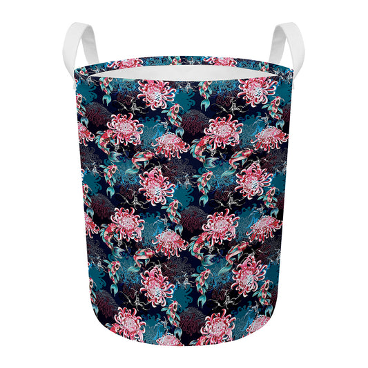 Japanese Koi And Chrysanthemums Print Round Laundry Basket